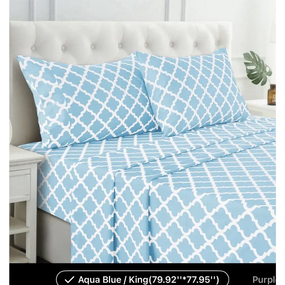 Lux Decor Collection Bed Sheets Paisley Light Blue King Size 4-Piece